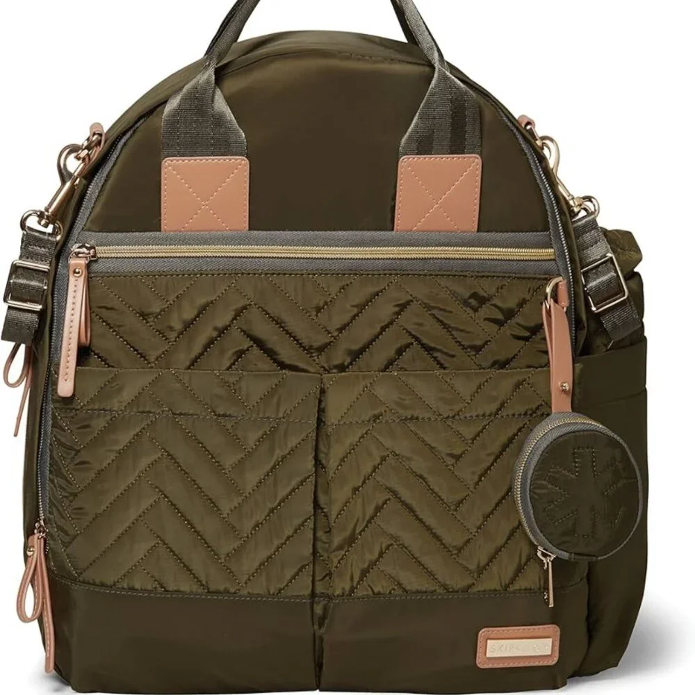 Skip Hop Chelsea 6-in-1 Diaper Backpack Bag Olive Green Quilted 14x16‎ (No Pad)